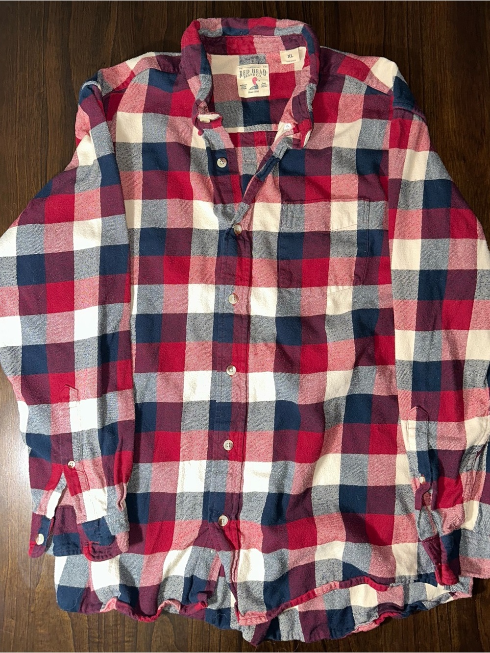 VTG Red Head Brand Flannel Red White Blue Cheker 100% Cotton XL Button Up